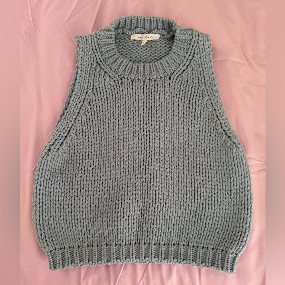 Cropped Light Blue Cable Knit Sweater Vest